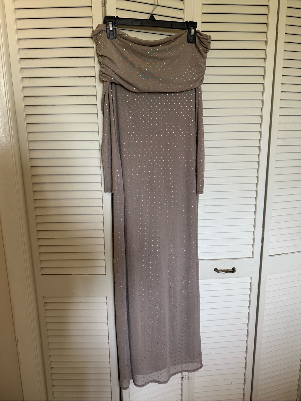 Abercrombie & Fitch Off-Shoulder Taupe Evening Gown with Sparkle